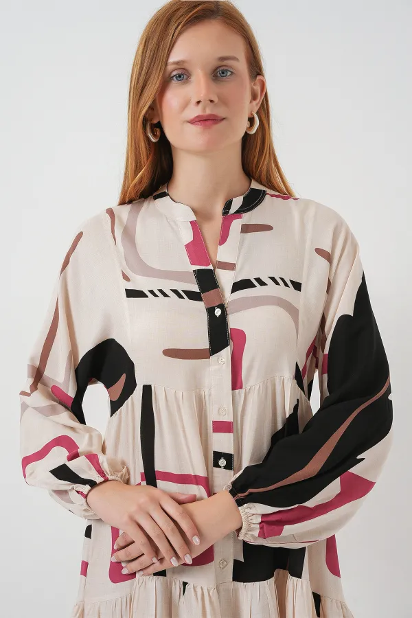 Kadın Desenli Uzun Tesettür Elbise 2585 - C.Krem