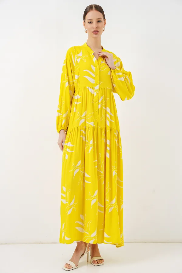 Kadın Desenli Uzun Tesettür Elbise 2585 - A.Sarı