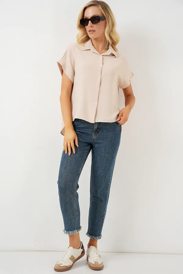 Kadın Oversize Kısa Kol Gömlek 20322 - Krem