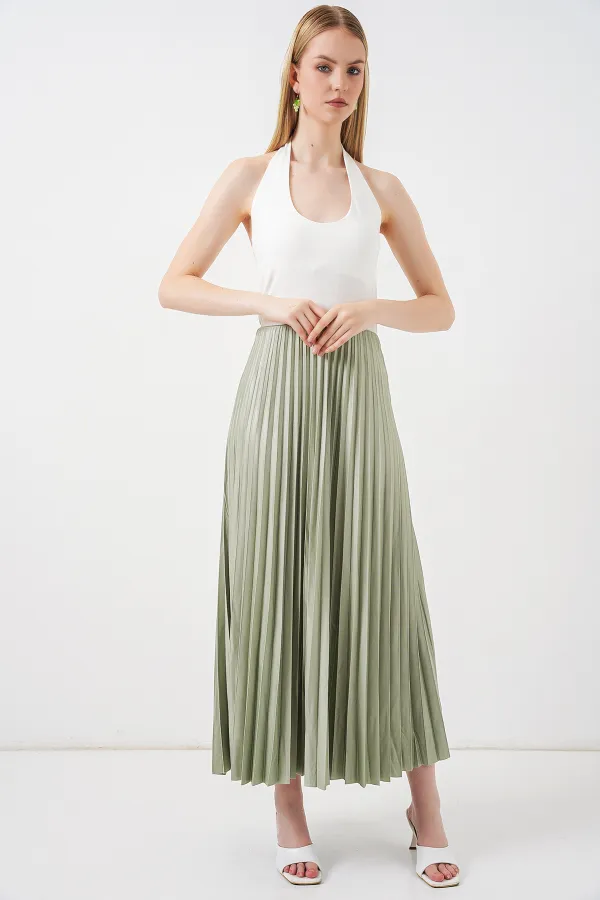 8009 Deri Görünümlü Piliseli Etek - Mint