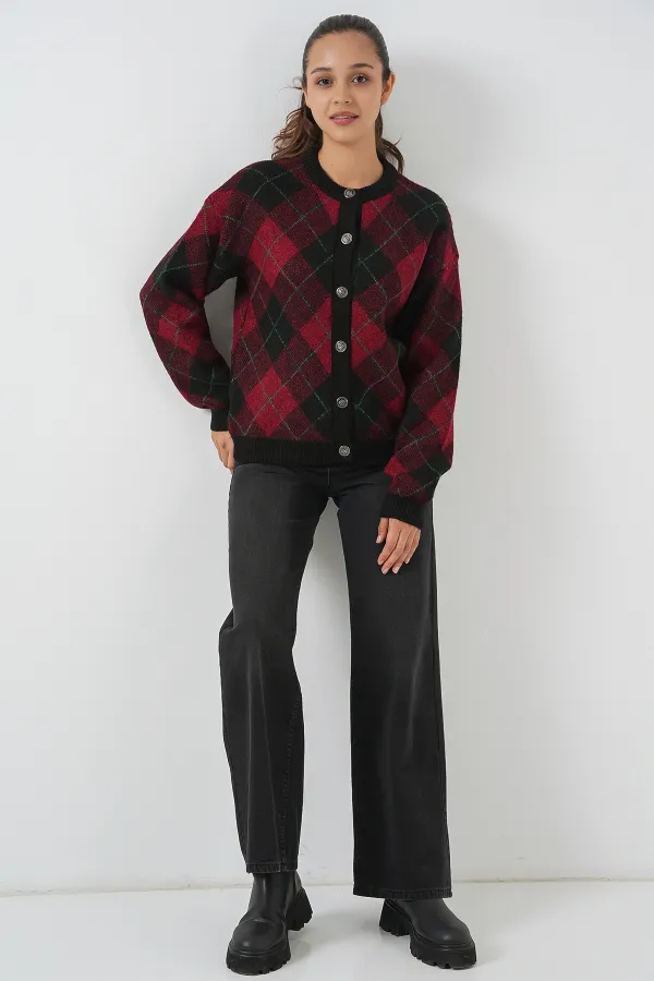 Kadın Desenli Düğmeli Triko Hırka 15927 - Bordo