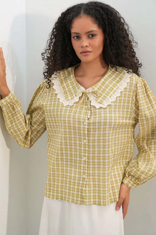 Women's Dandel Collar Plaid Shirt 20387 - Yellow