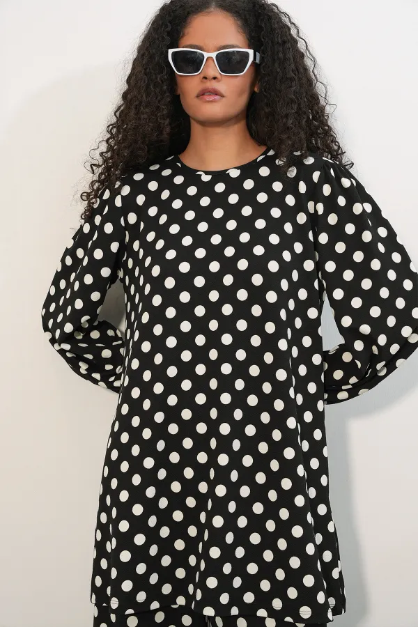 Women's Tunic and Pants Polka Dot Top and Bottom Set 6663 - A.Black Women's Tunic and Pants Polka Dot Top and Bottom Set 6663 - A.Black