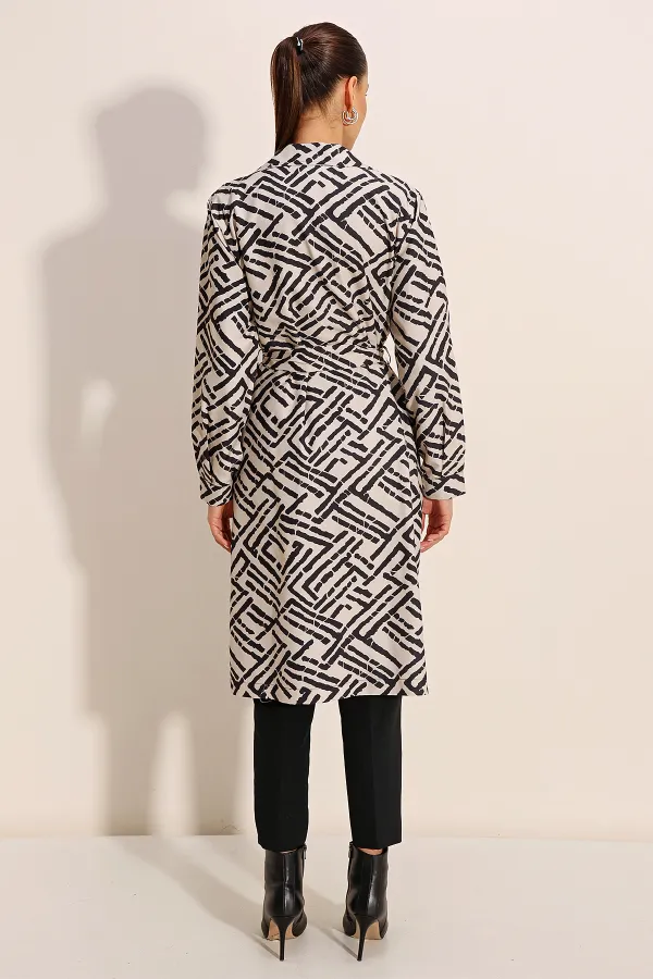 5853 Patterned Double-Breasted Trench Coat - C.White