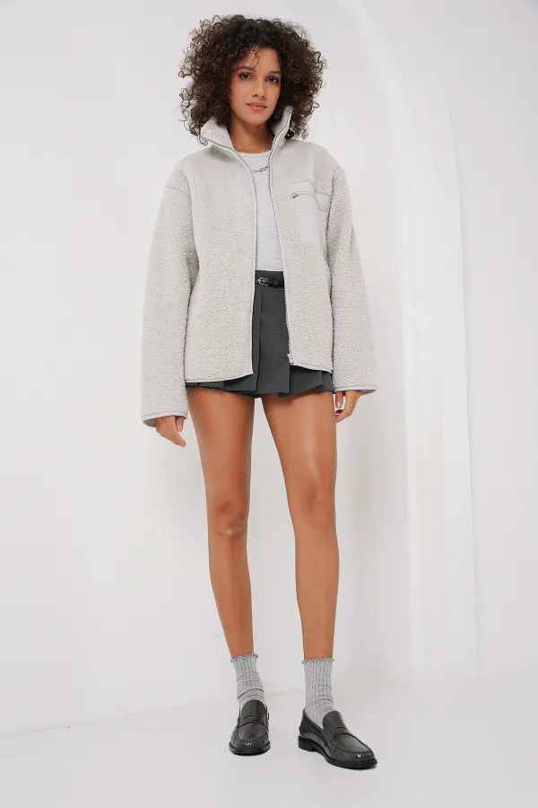 55446 Zippered Oversize Plush Jacket - Stone
