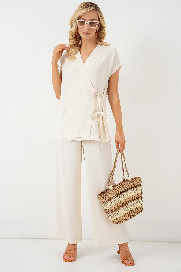 Ensemble deux pièces Ayrobin à manches courtes et lacets pour femme 6741 - Crème