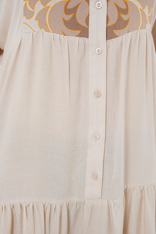 2423 Otantik Desenli Tesettür Elbise - T. Ekru