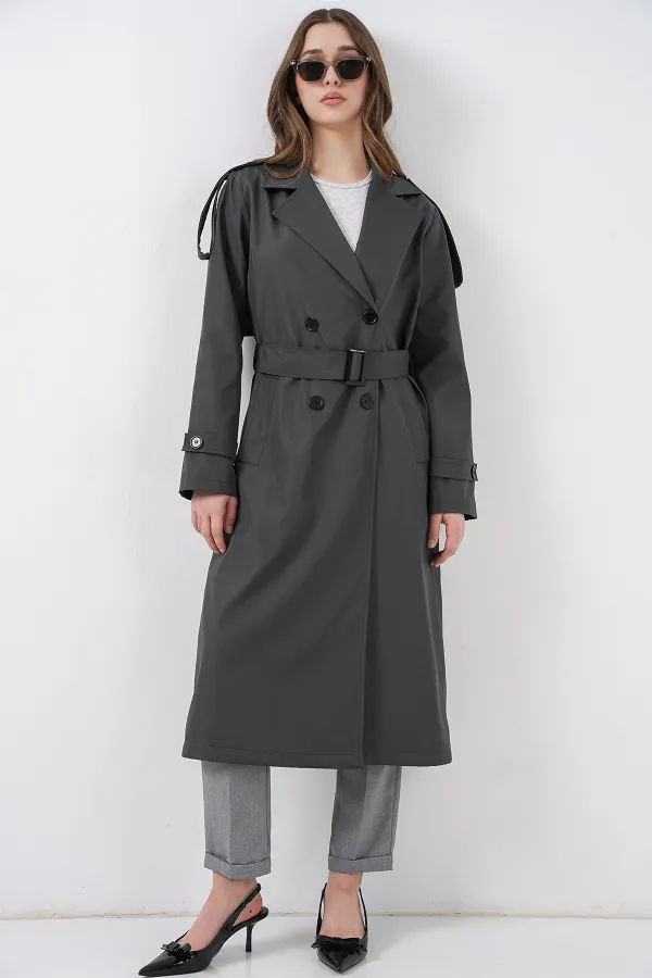 5941 Double-Breasted Long Trench Coat - Anthracite 5941 Double-Breasted Long Trench Coat - Anthracite