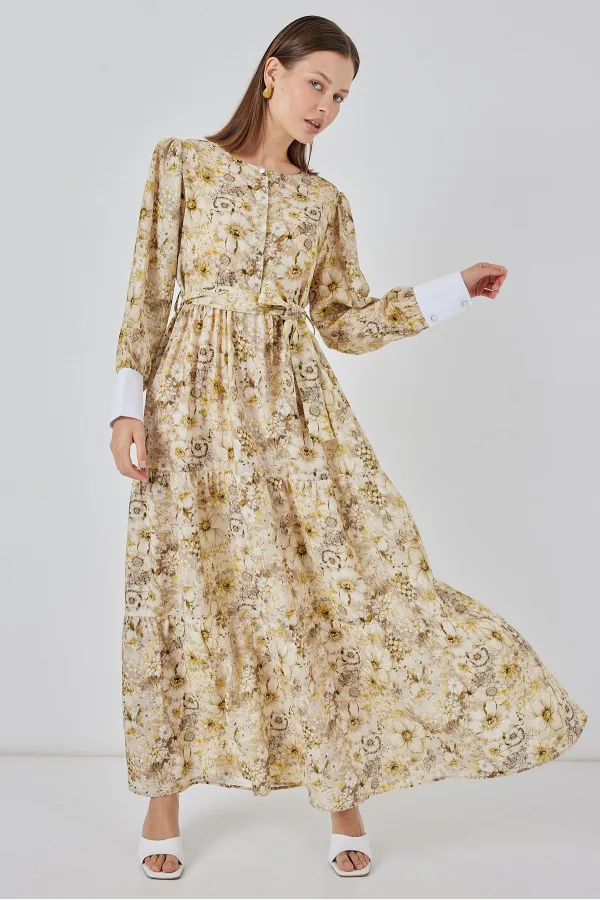 Robe longue ceinturée pour femme 2584 - B.Jaune