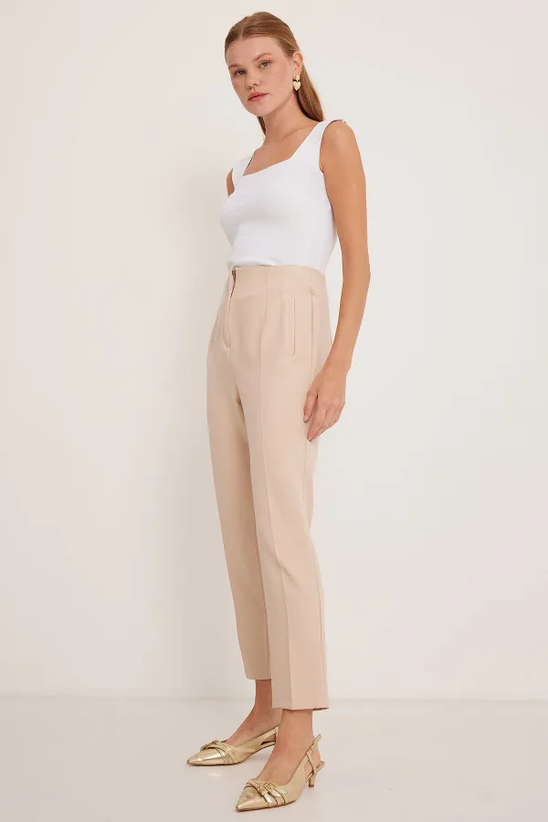 Pantalon beige taille haute pour femme 6650