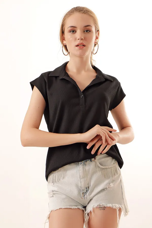 20123 Polo Collar Knitted Blouse - Black