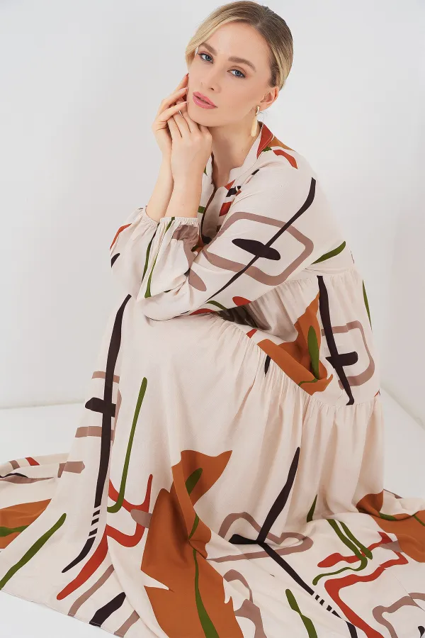 Kadın Desenli Uzun Tesettür Elbise 2585 - A.KREM