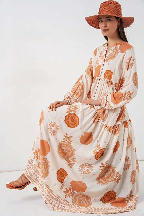 Robe longue hijab à motifs pour femme 2585 - Orange foncé