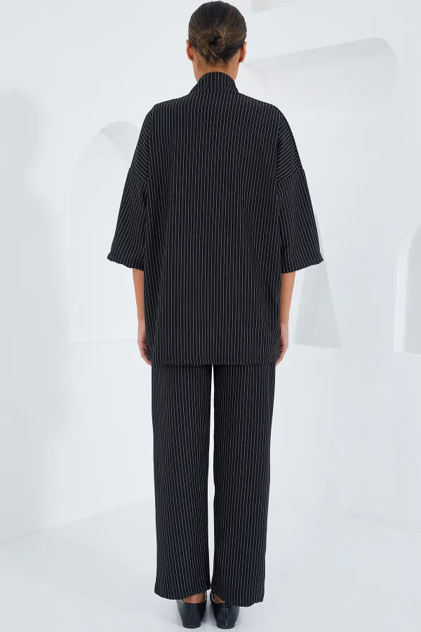 6661 Kadın Çizgili Kimono İkili Takım - Siyah