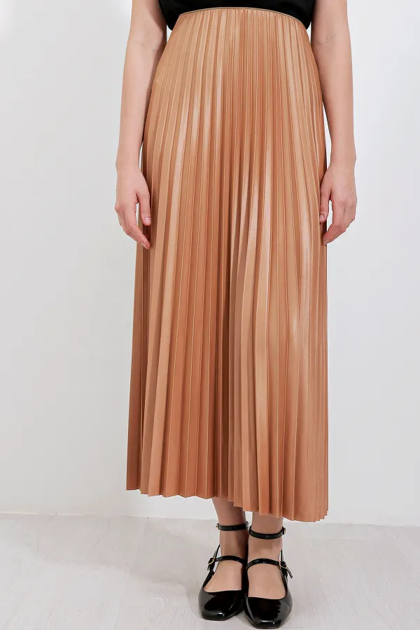 8009 Deri Görünümlü Piliseli Etek - Bisküvi