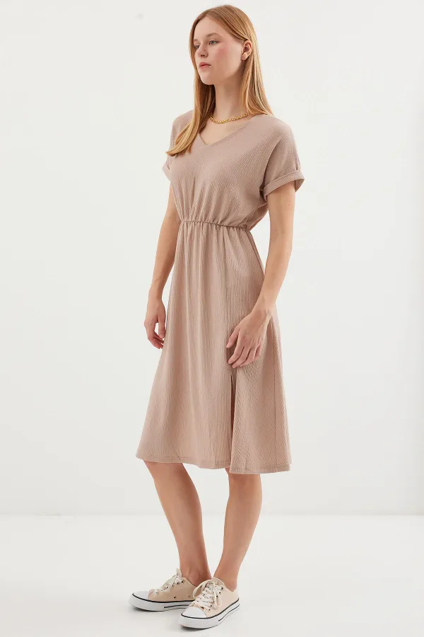 2378 V-Neck Slit Knit Dress - Biscuit 2378 V-Neck Slit Knit Dress - Biscuit