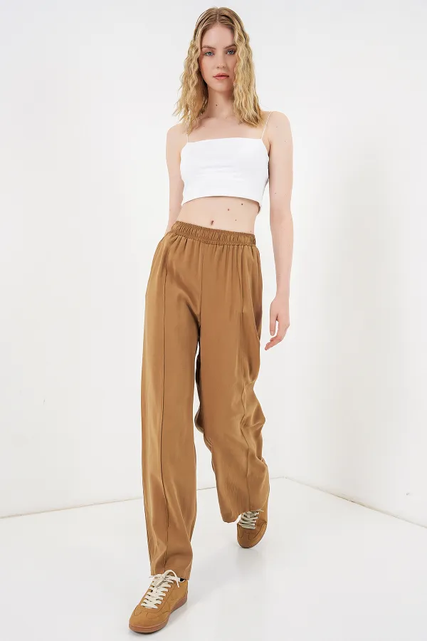 Women's Wide Leg Trousers with Elastic Waistband 30087 - Tan Women's Wide Leg Trousers with Elastic Waistband 30087 - Tan