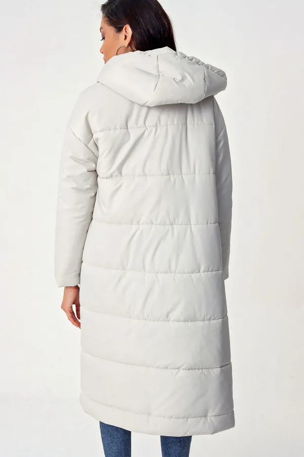 5120 Hooded Long Puffer Jacket - Ecru