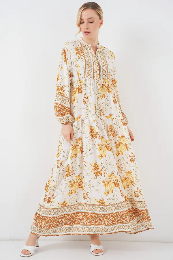 2423 Otantik Desenli Hardal Elbise