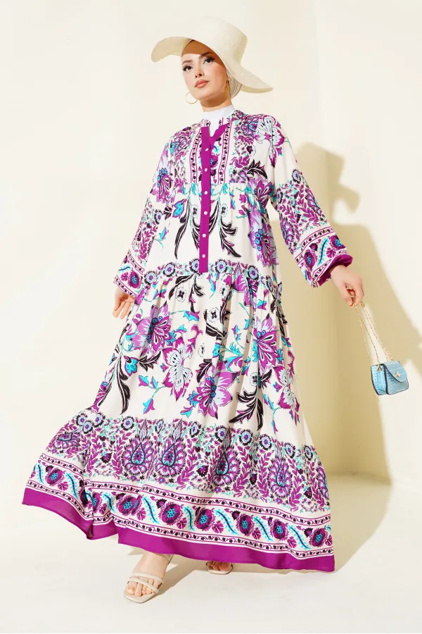 Robe hijab en viscose prune crème pour femme 2423