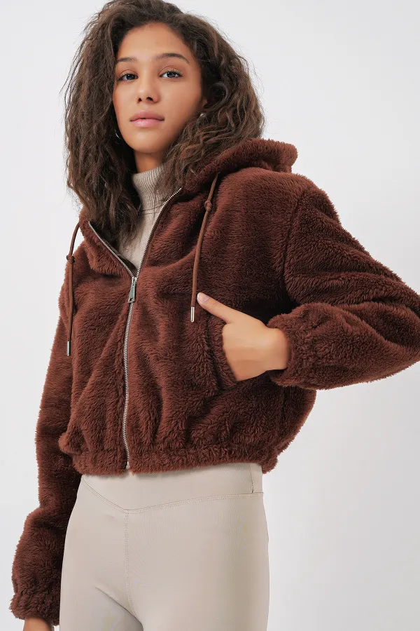 5193 Hooded Plush Crop Jacket - Brown