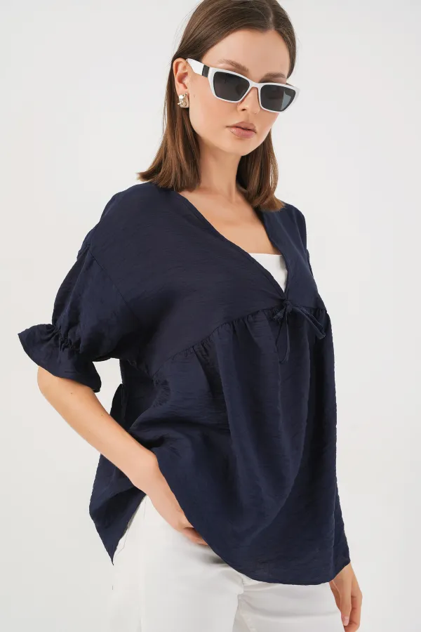 Kadın Önü Bağcıklı Kısa Kol Bluz 962 - Lacivert