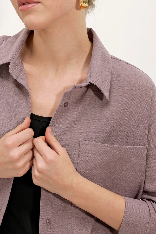 20153 Tek Cepli Oversize Keten Gömlek - Koyu Lila 20153 Tek Cepli Oversize Keten Gömlek - Koyu Lila