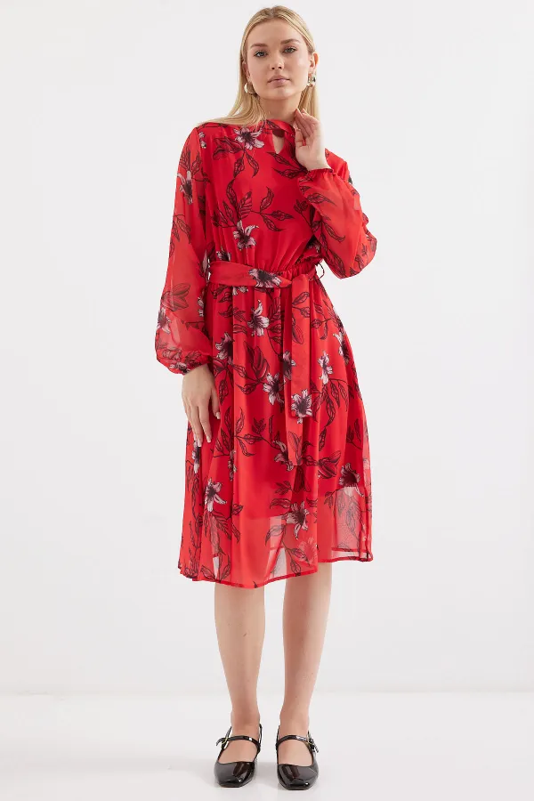 2459 Lined Patterned Tulle Dress - Red