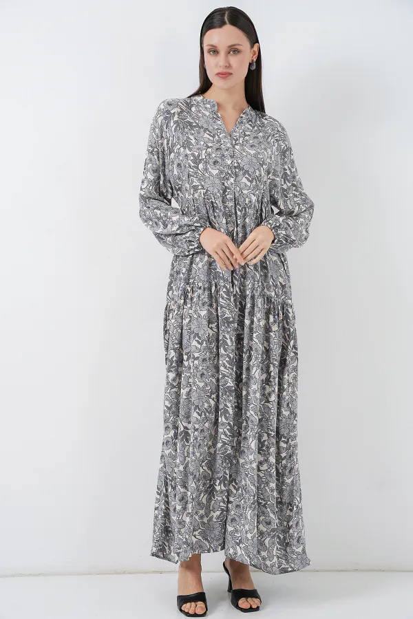 Kadın Desenli Uzun Tesettür Elbise 2585 - Gri