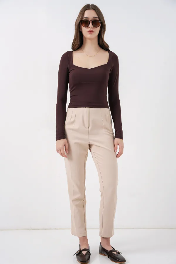 Kadın Kare Yaka Slim Fit Bluz 986 - Kahverengi