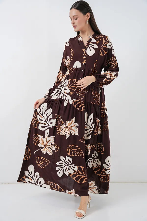 Robe longue hijab à motifs pour femme 2585 - Marron foncé
