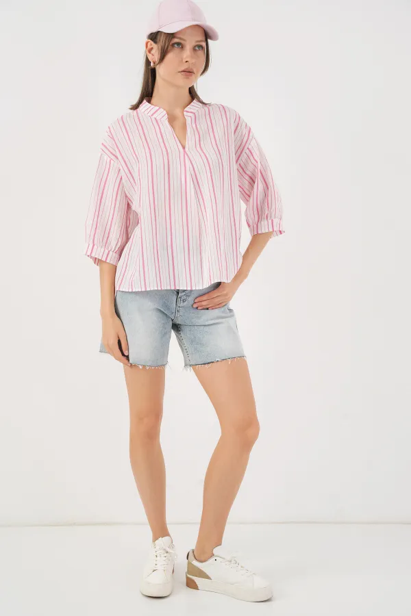 Kadın Çizgili Oversize Bluz 967 - Pudra