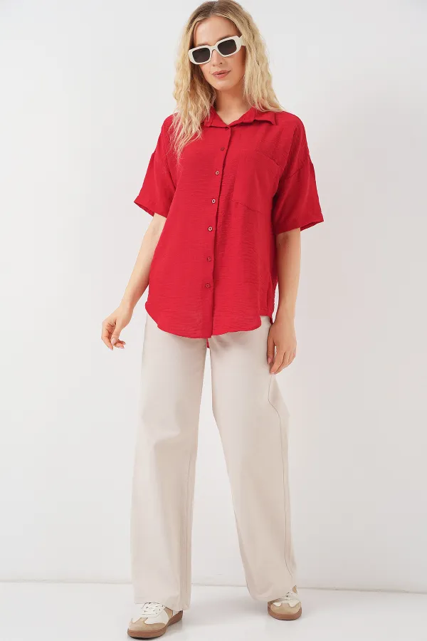 Chemise à manches courtes pour femme, aspect lin, référence 20336 - Rouge