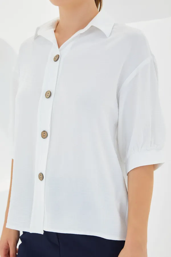 Women's White Short Sleeve Oversize Linen Shirt 20240