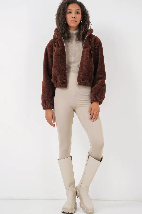 5193 Hooded Plush Crop Jacket - Brown