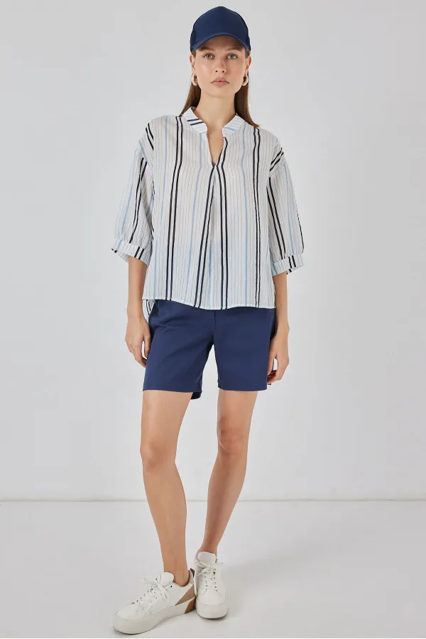 Women's Striped Oversize Blouse 967 - Light Blue