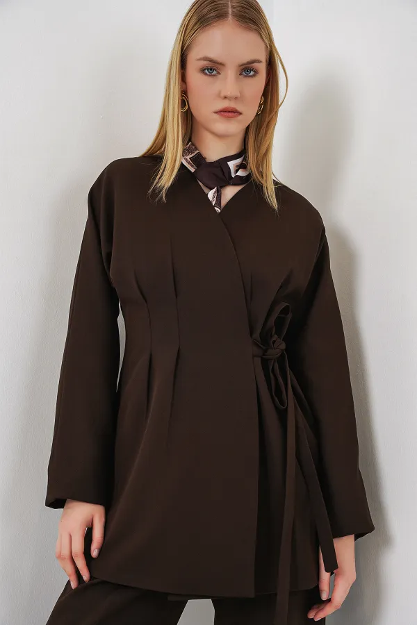 Kadın Yandan Bağlamalı Ceket Pantolon İkili Takım 30099 - Kahverengi