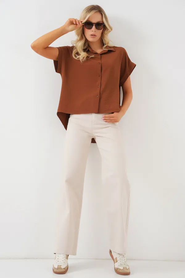 Women's Oversize Short Sleeve Shirt 20322 - Tan