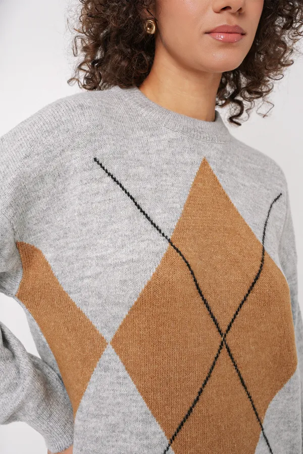15895 Baklava Pattern Oversize Knit Sweater - Grey