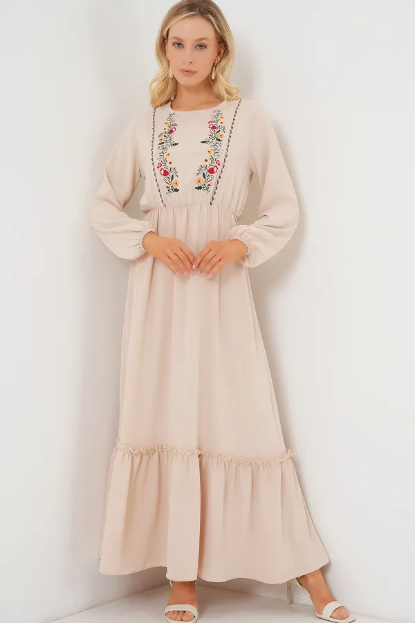 Kadın Nakışlı Uzun Tesettür Elbise 2550 - Krem