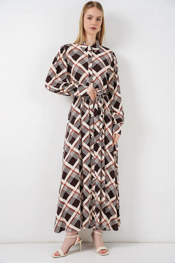 Kadın Boydan Düğmeli Uzun Tesettür Elbise 2588 - Kahve Bej