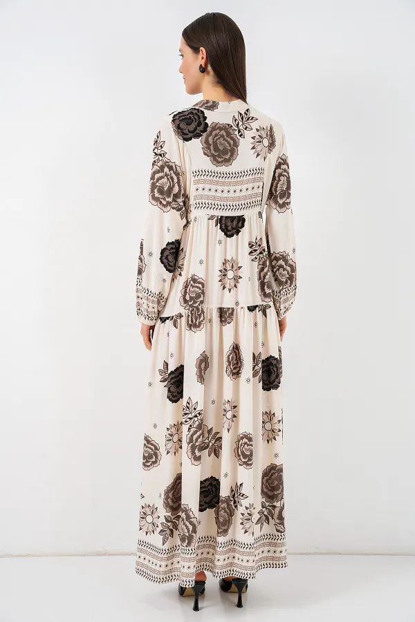 Robe longue hijab à motifs pour femme 2585 - Beige clair