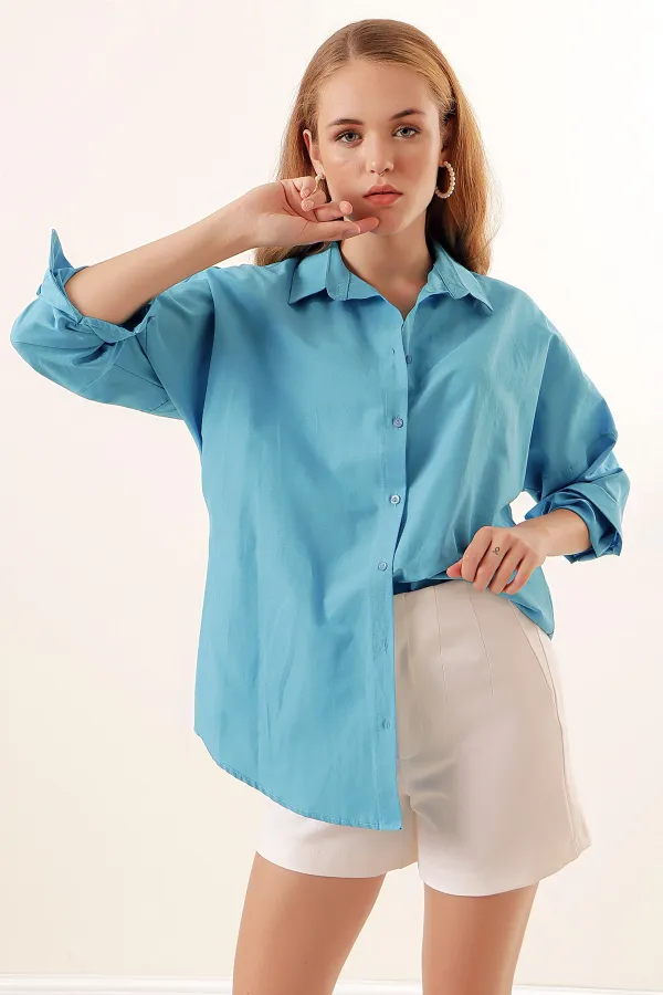 3900 Oversize Uzun Basic Gömlek - Koyu Mavi