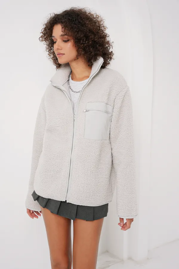 55446 Zippered Oversize Plush Jacket - Stone