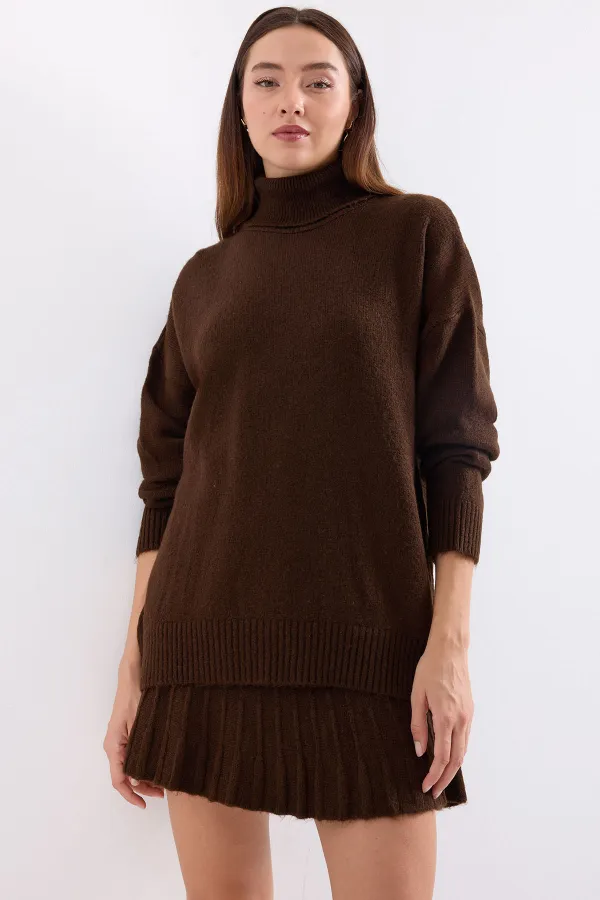 15891 Sweater Skirt Knitwear Two Piece Set - Brown