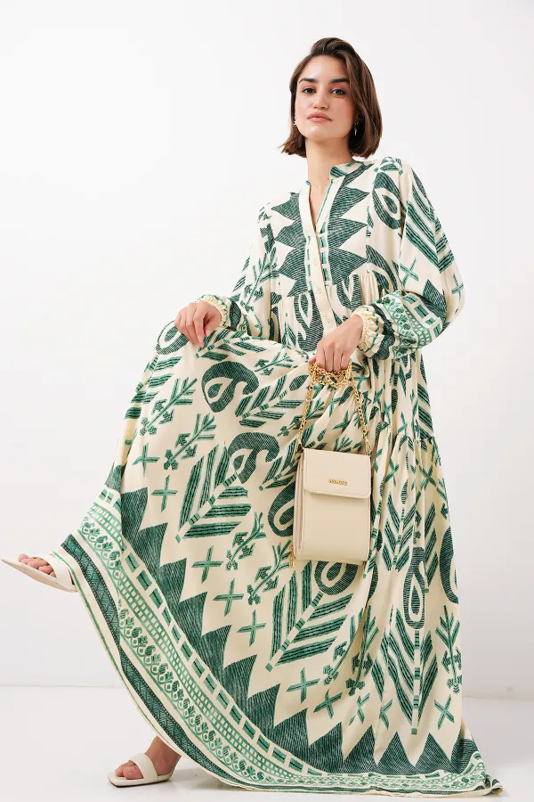 2423 Authentic Patterned Hijab Dress - Light Green
