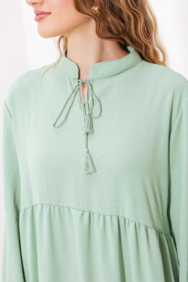 Kadın Çağla Yaka Bağcıklı Viskon Boydan Tesettür Elbise 1627