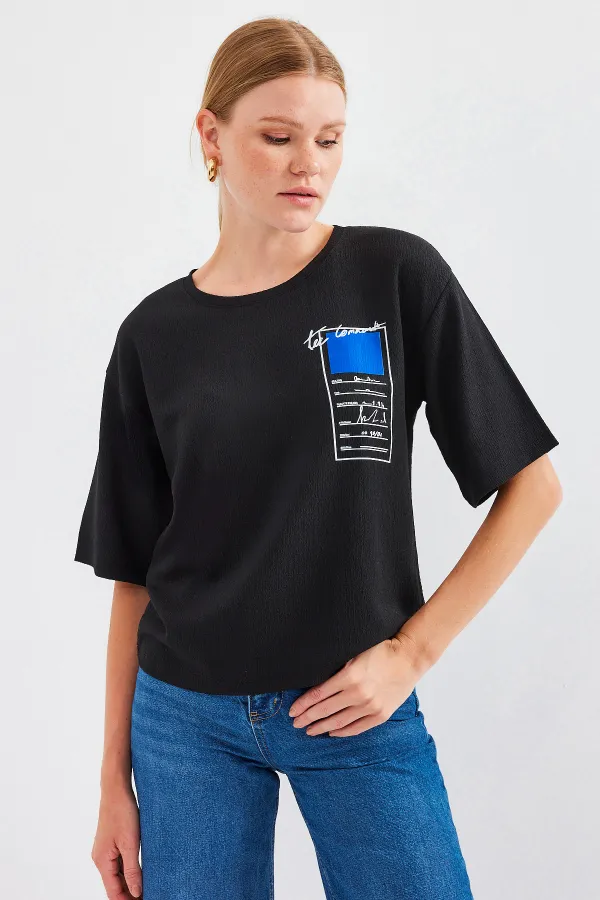 911 Printed Knitted Basic T-Shirt - Black
