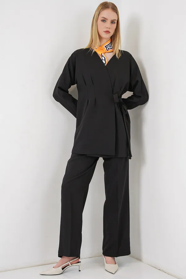 Kadın Yandan Bağlamalı Ceket Pantolon İkili Takım 30099 - Siyah