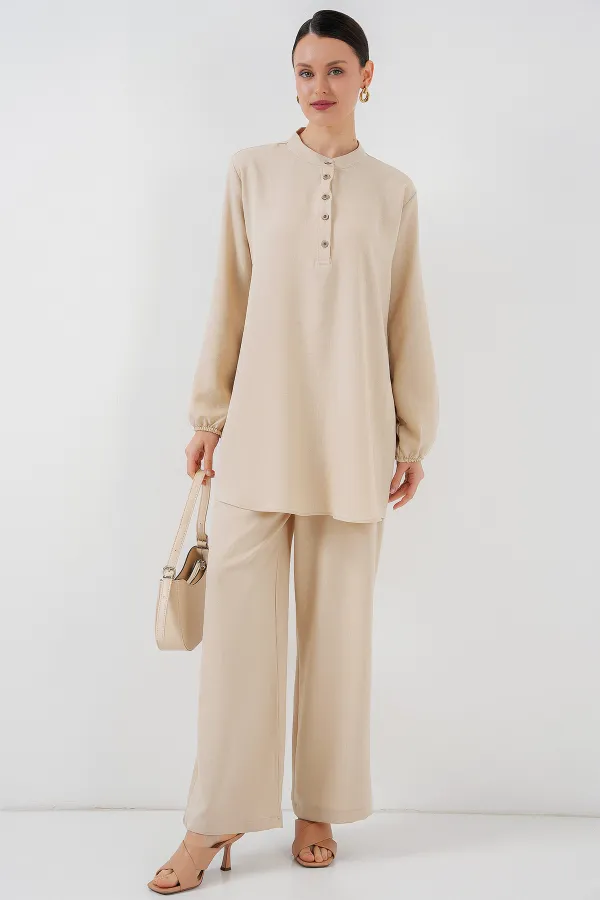 Ensemble deux pièces tunique et pantalon en lin 6678 - Crème